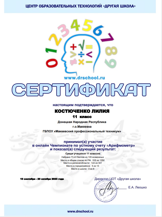 Поздравляем с победой в онлайн Чемпионате по устному счету "Арифмометр"!!! kostyuchenko - Макеевский Профессиональный Техникум