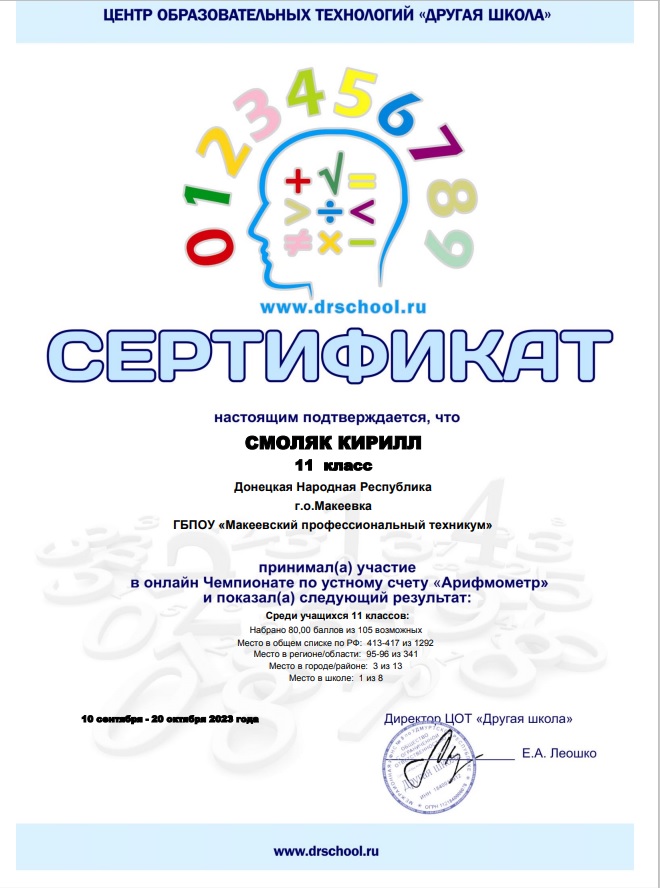 Поздравляем с победой в онлайн Чемпионате по устному счету "Арифмометр"!!! smolyak - Макеевский Профессиональный Техникум